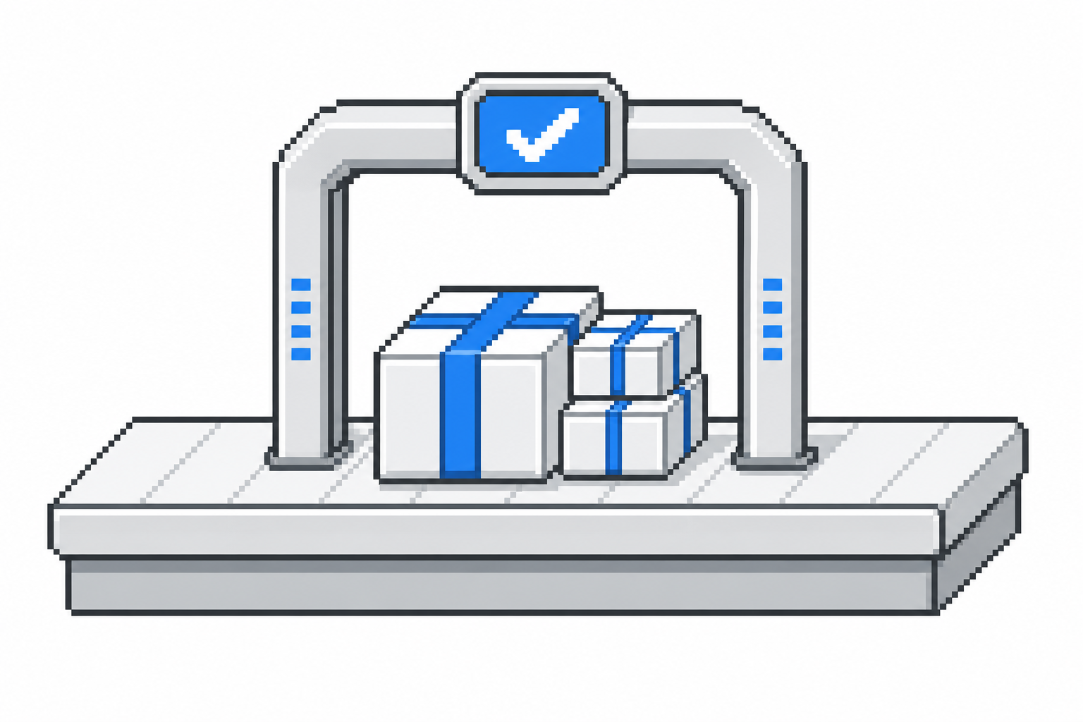 A 16-bit pixel art illustration on a flat white background depicting a minimalist workbench surface where a packaged plugin bundle passes through a simple scanner arch with a checkmark verification indicator in a neutral and digital blue palette.